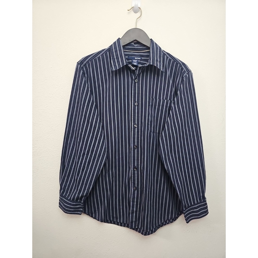 Men's Shirt Basic Editions Shirt Navy Blue striped Long Sleeve Button Up Collard